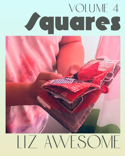 a boy's hands hold book made of plastic and red fabric and it says "vol 4 the book of squares: Liz Awesome"