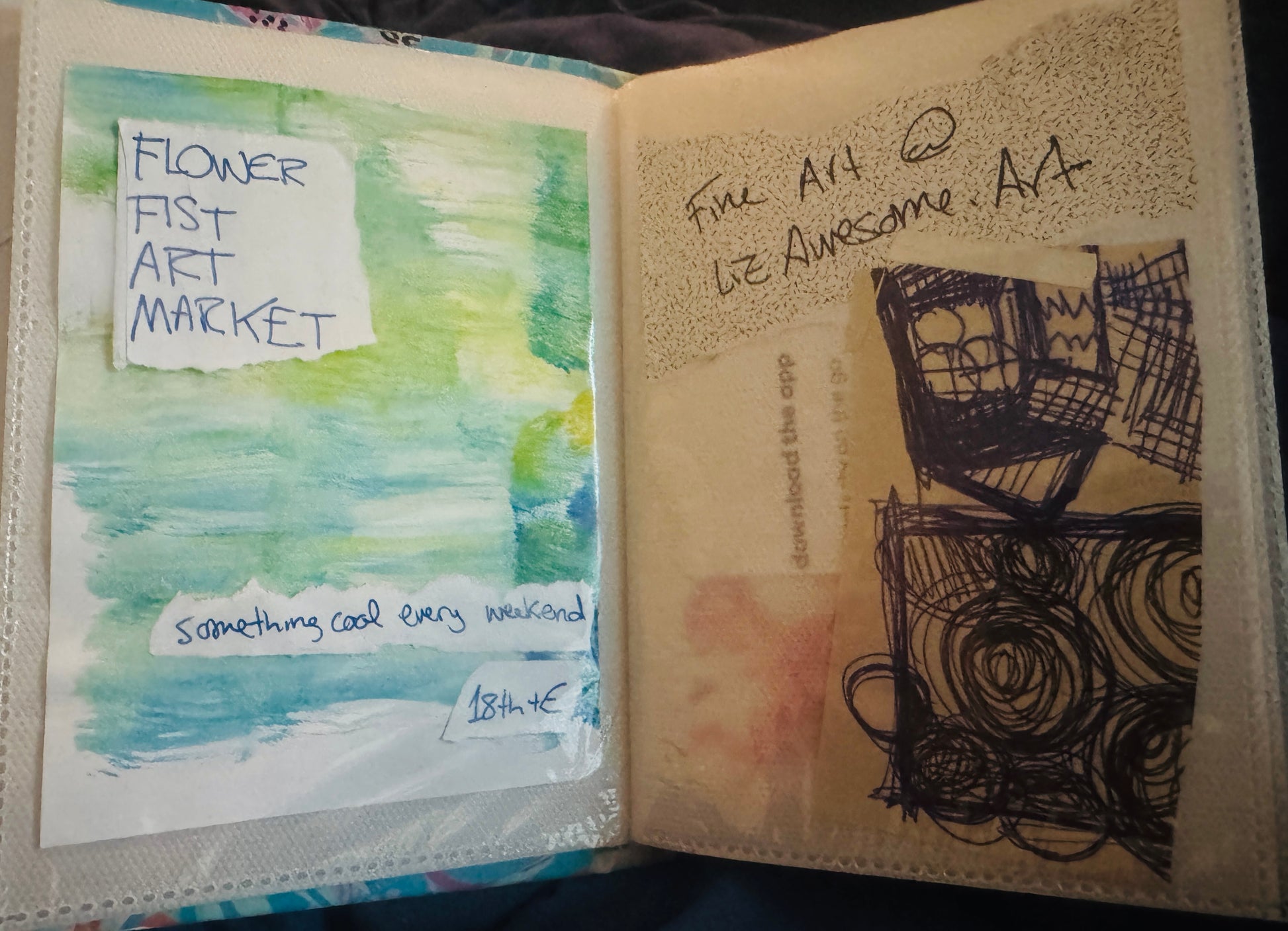 On one side: Paint marks on paper, with envelope scraps that say "Flower Fist Art Market. Something cool every weekend. 18th & E."
On the other side: marks on paper in pen and it says "Fine Art @ Liz Awesome.Art