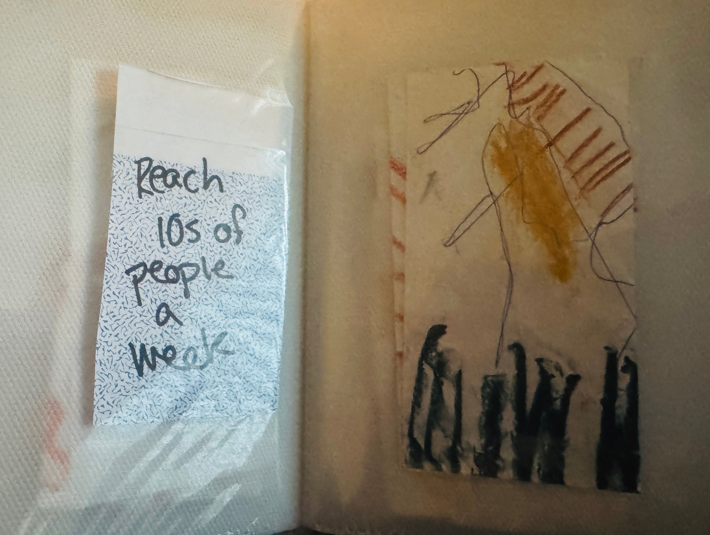 Sharpie on envelope, says read 10s of people a week. On the other side, pastel marks on paper.