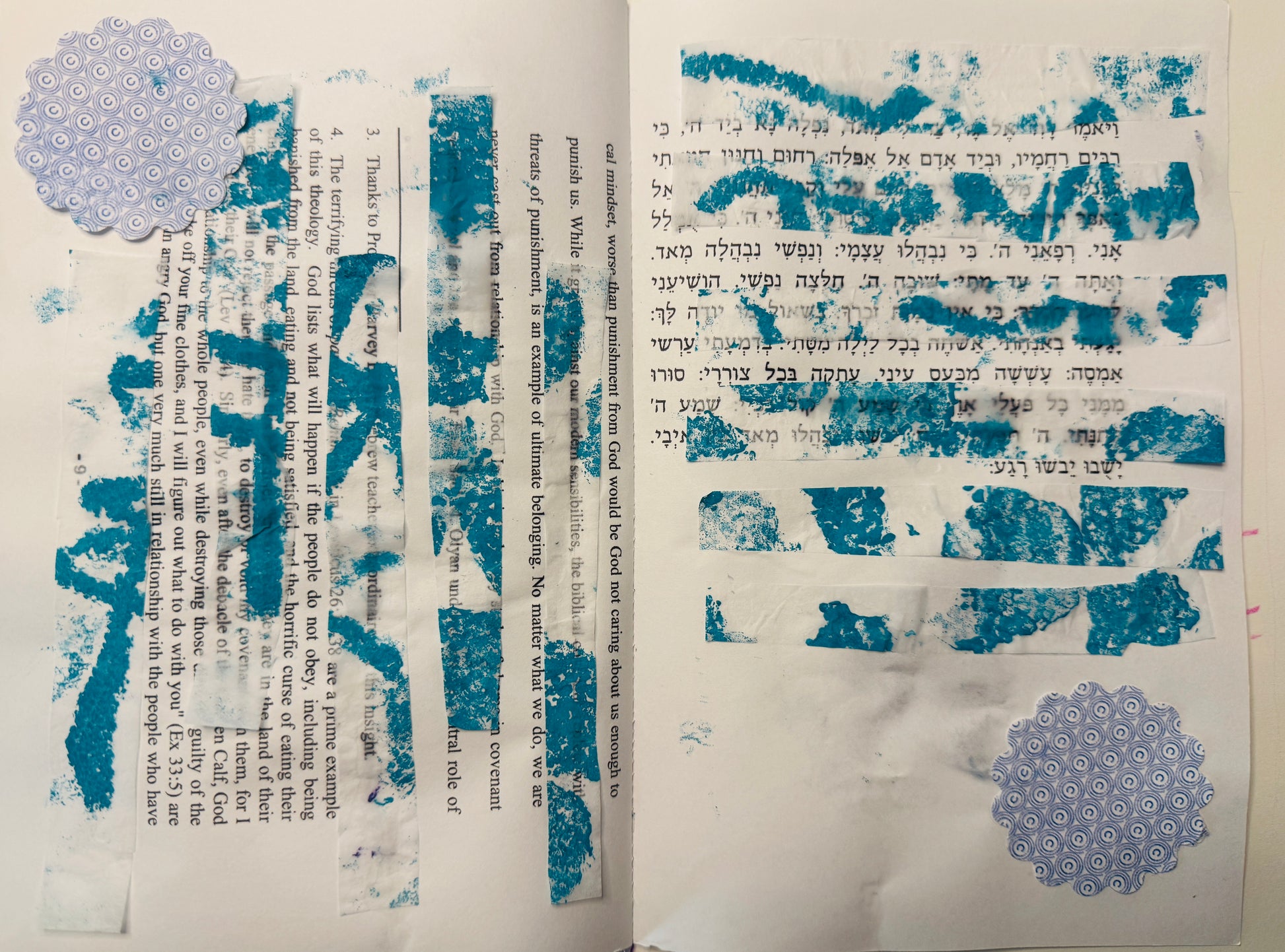 ascemic writing on paper, torn and collaged on printed academic paper