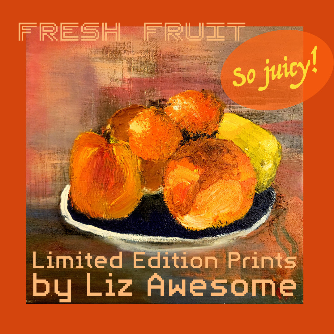 an orange ad for a painting of peaches on a blue plate, it says "so juicy!" and "limited edition prints by Liz Awesome"