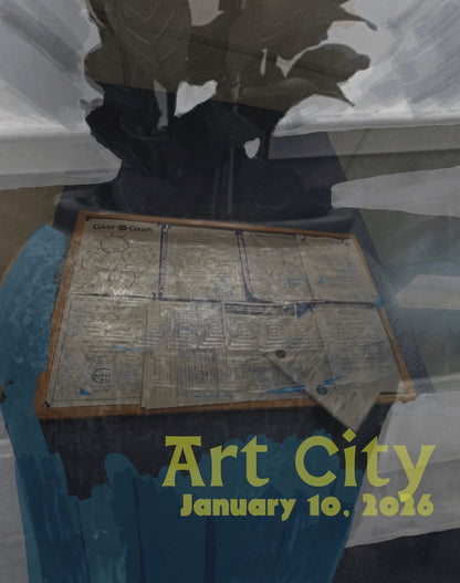 a potted plant, on closer observation is layered with a bullet board of unreadable legal publications. The words "art city, Jan 10, 2026" overlay the image.