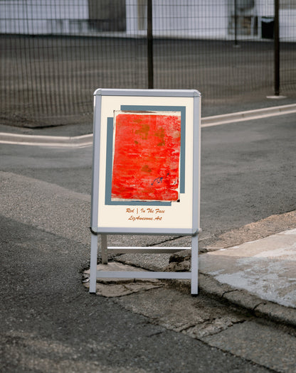 a street sign on a street corner with a red paining titled "RED | In the Face Liz Awesome Art"