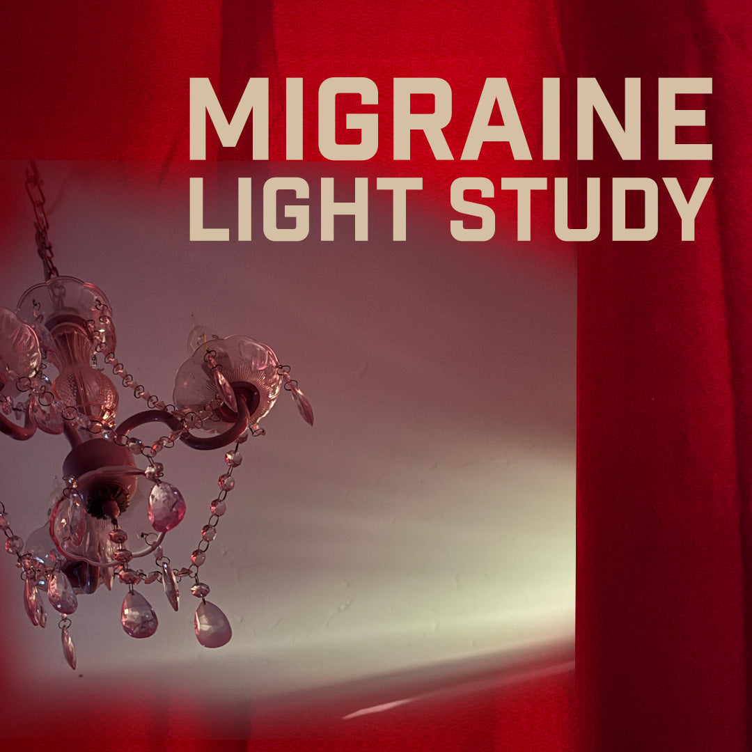 a pink chandalier and a red curtain and it says "Migraine Light Study" 