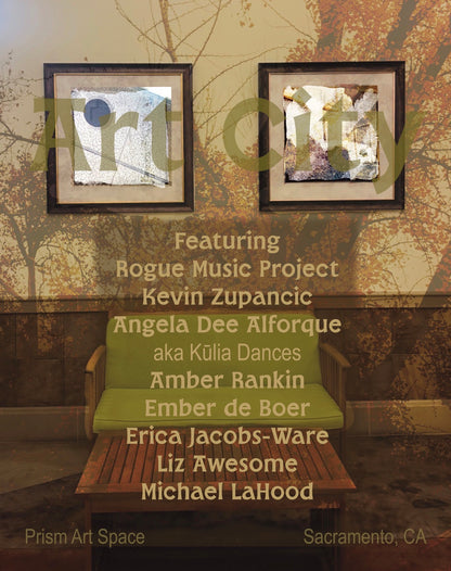 A clinic waiting room layered with an opaque tree. Two picture frames reveal dirty texture from around the city. The text says "Art City, featuring Rogue Music Project, Kevin Zupancic, Angela Dee Alforque (aka Kulia Dances), Amber Rankin, Ember de Boer, Erica Jacobs-Ware, Liz Awesome, Michael LaHood. Prism Art Space. Sacramento, CA.