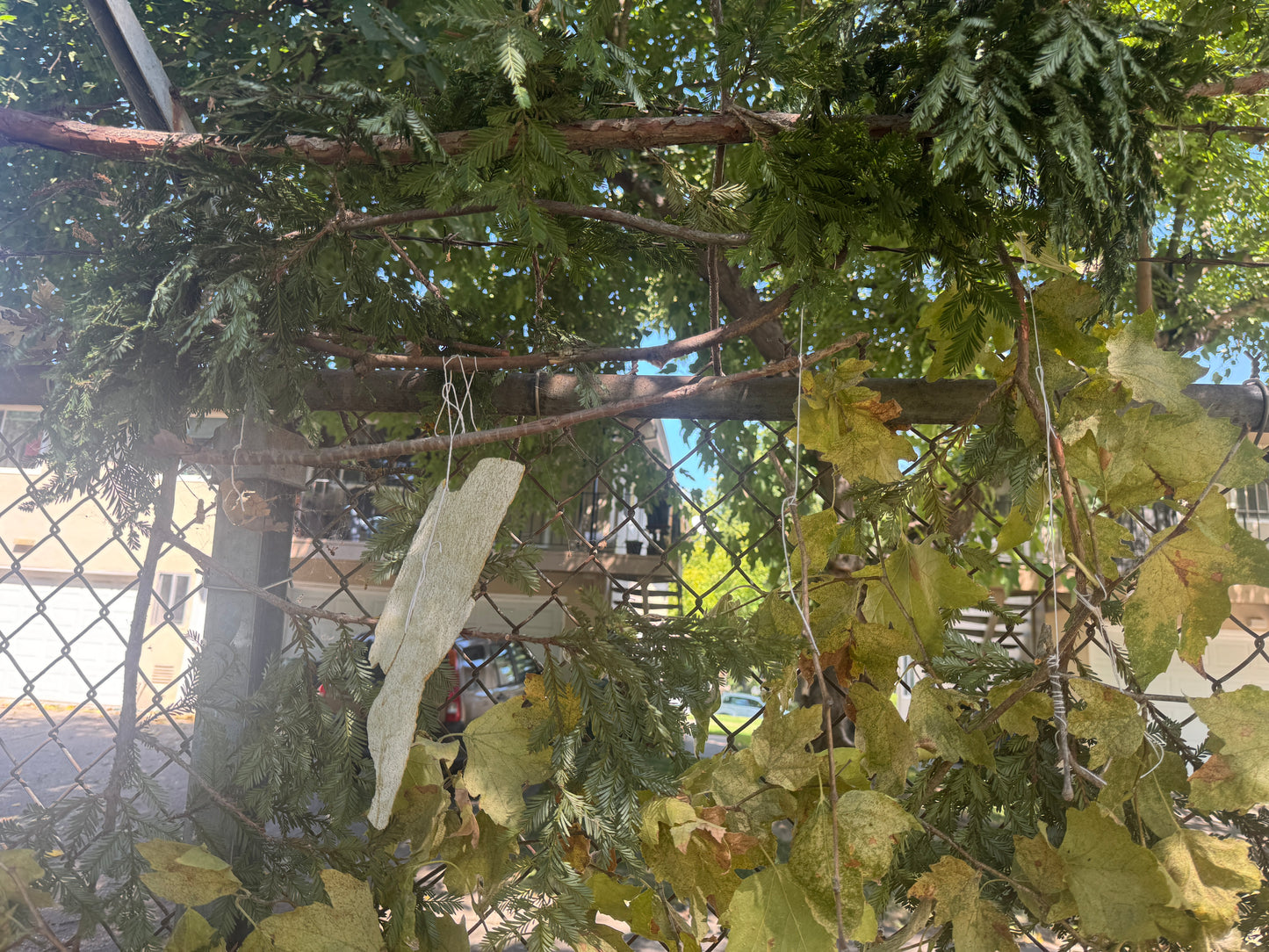 close up of windy day portal focused on a string tied around an epic piece of bark in the lower part of the installation